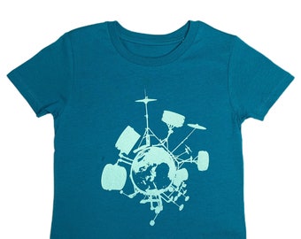 Children's t-shirt "Drums" blue, printed t-shirt, printed shirt, organic cotton, screen printing, print