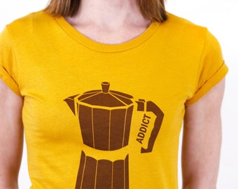 Shirt Kaffee, senfgelb, Damenshirt, nachhaltig, bedruckt, Siebdruck, Frauen