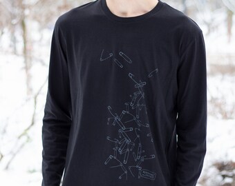 Long-sleeved shirt, "safety pins", men's, screen-printed