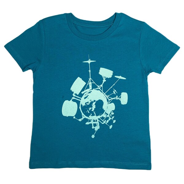 Kinder-T-Shirt "Drums" blau, bedrucktes T-Shirt, bedrucktes Shirt, Biobaumwolle, Siebdruck, Print