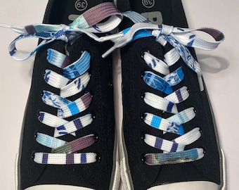Shoelaces, 100 cm long, "Blue Fragments", unique pieces, hand-printed, high quality, flat laces, patterned, self-printed, multicolored