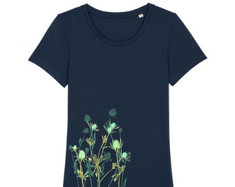 Damenshirt "Distel" - Navy , Kurzarmshirt, Distel, Damenshirt, floral, Blumenshirt, Tshirt, Damen Frauen, T Shirt Blumen, bio