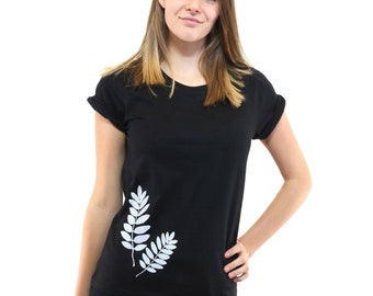 Damenshirt Vogelbeerblätter, schwarz, Pflanze, floral, Natur