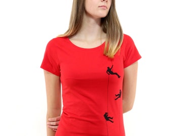 Damenshirt Kletterer-Motiv in rot, Bio, selbst bedrucktes Shirt, Frauenmode, nachhaltig