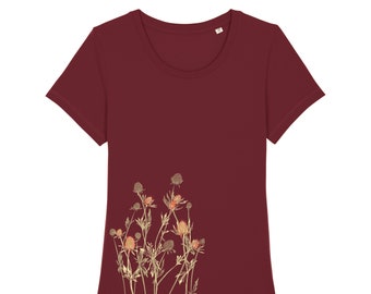 Damenshirt "Distel" - Burgundy , Kurzarmshirt, Distel, Damenshirt, floral, Blumenshirt, Tshirt, Damen Frauen, T Shirt Blumen, bio