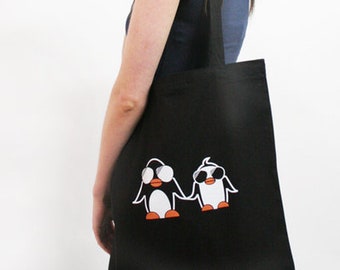 Pinguine-Beutel, schwarz, Siebdruck, Baumwolle