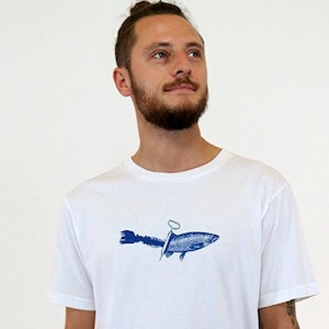 T-shirt, canned fish, white, short-sleeved shirt, men&#39;s, men&#39;s T-shirt, fish