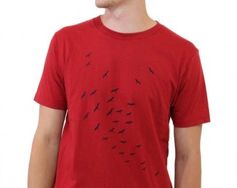 T-shirt "flock of birds", red, men, birds, printed t-shirt, men's shirt, t-shirt with print