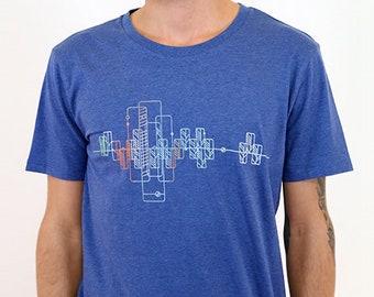 GeoSkyline t-shirt, mottled blue, men, printed, screen-printed, organic cotton