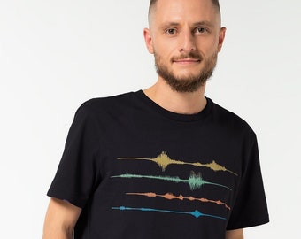 T-shirt in black, sound wave, frequency, music, printed, men, short sleeve, round neck