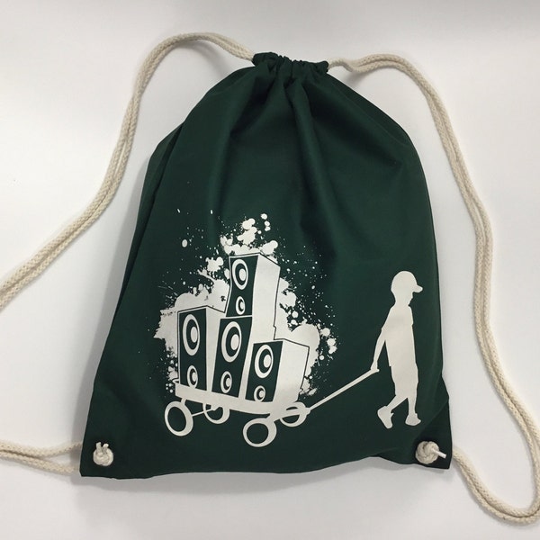 Sale: Gym bag "Boxen-Bernd", forest green, music, screen printing, party
