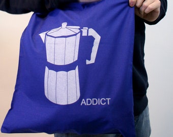Sale: Coffee Addict"-Beutel, blau, Kaffee, Espresso, Siebdruck, Baumwollbeutel