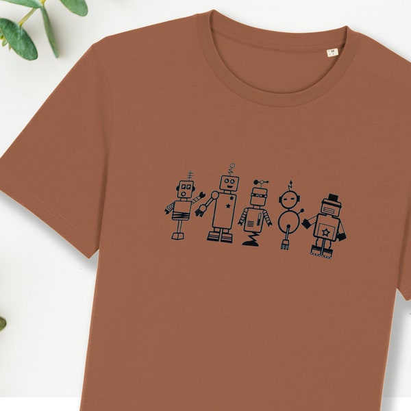 Roboter T-Shirt in braun, Siebdruck, bedruckt, Unisex, Herrenshirt, Technik, Print