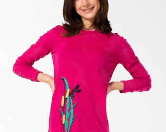Langarm Shirt Libelle, pink, Damenshirt Siebdruck Frauenshirt bedruckt