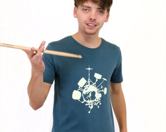 T-Shirt Drums, men, blue, petrol, drums, percussion, world, short-sleeved, round neck