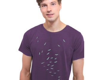 T-shirt, flock of birds, purple, printed men's shirt, screen print