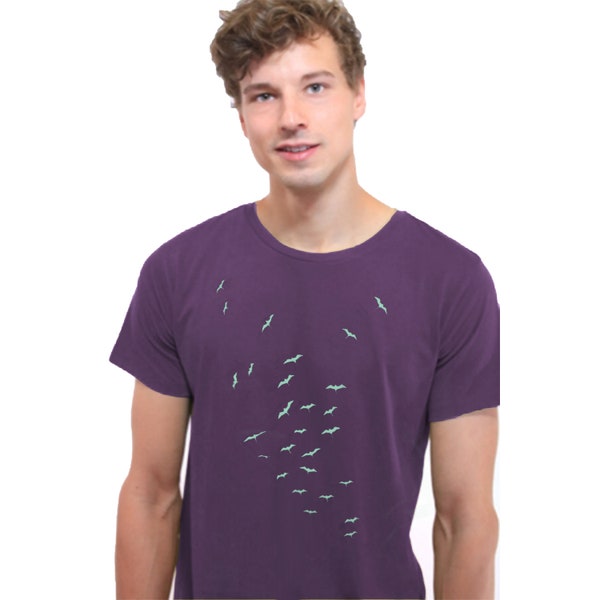 T-Shirt, Vogelschwarm, violett , bedrucktes Herrenshirt, Siebdruck