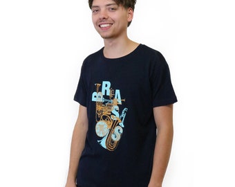 Camiseta Brass, azul marino, algodón orgánico, hombres, camiseta de hombre, instrumentos de viento, instrumentos de viento