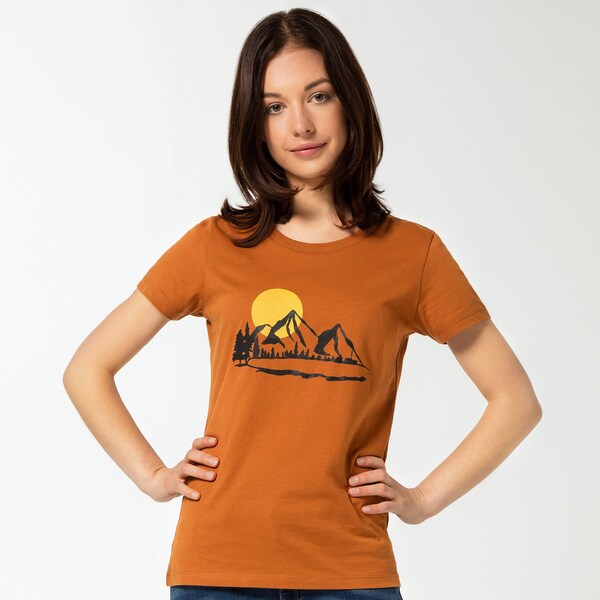 T-Shirt "Bergluft", orange, Berge, Siebdruck