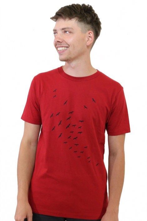 T-shirt "Flock of Birds", red, men, birds, printed T-shirt, men's shirt, T-shirt with print