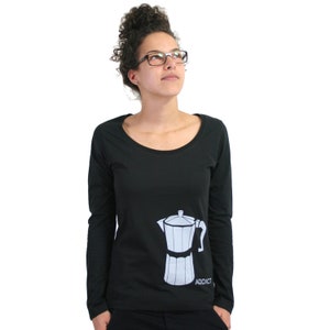 Long-sleeved shirt "Coffee Addict", women's shirt, black, screen print, coffee