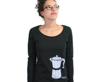 Long-sleeved shirt "Coffee Addict", women's shirt, black, screen print, coffee