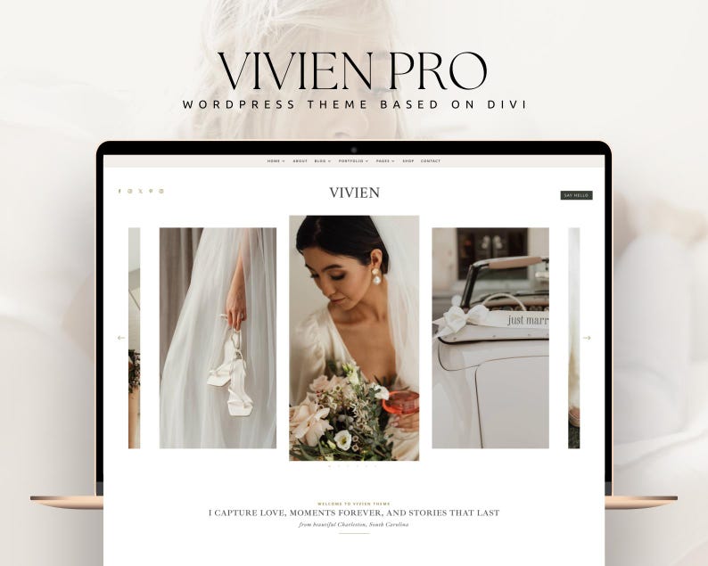 May include: A website homepage for a wedding photographer. The website features a white background with black text and images of a bride, a wedding car, and a pair of white shoes. The text on the website reads "VIVIEN PRO", "WORDPRESS THEME BASED ON DIVI", "VIVIEN", and "I CAPTURE LOVE, MOMENTS FOREVER, AND STORIES THAT LAST".