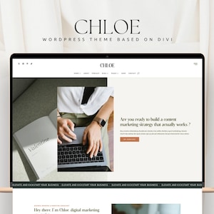 May include: A laptop computer with a white keyboard and a person's hand typing on it. The laptop is on a couch with a book titled "Valentine" on the couch next to it. The text on the screen reads "Are you ready to build a content marketing strategy that actually works?" and "CHLOE" in the top left corner.