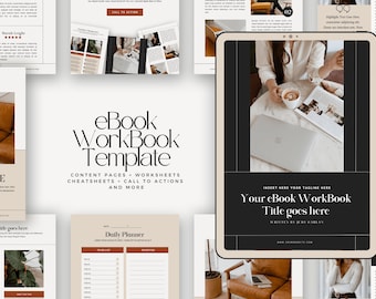 May include: A digital template for an eBook workbook with a black and white design. The template includes content pages, worksheets, cheatsheets, and call to action buttons. The text on the template reads "eBook WorkBook Template", "Content Pages - Worksheets - Cheatsheets - Call to Actions and More", "Your eBook WorkBook Title goes here", and "Written by Judy Harlan".