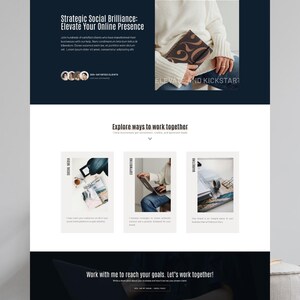 Op de afbeelding: Een website-indeling getiteld Jane Pro Business WordPress Theme met een donkere koptekst, een hero-sectie met tekst over sociale genialiteit, drie servicekolommen voor sociale media, copywriting en marketing, en een voettekst met actieknoppen.