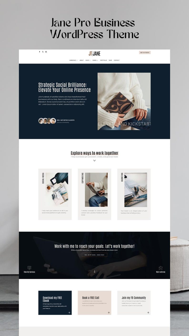 Op de afbeelding: Een website-indeling getiteld Jane Pro Business WordPress Theme met een donkere koptekst, een hero-sectie met tekst over sociale genialiteit, drie servicekolommen voor sociale media, copywriting en marketing, en een voettekst met actieknoppen.