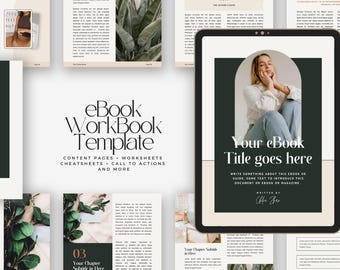May include: A digital template for an eBook or workbook with a green and white colour scheme. The cover features a woman sitting in a chair with a green archway behind her. The text on the cover reads "Your eBook Title goes here".