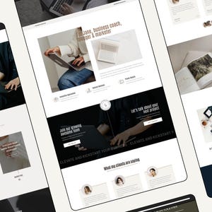 Op de afbeelding: Een website-layoutontwerp met meerdere secties met tekst en afbeeldingen. De hoofdkop luidt I'm Jane, business coach, blogger & marketer. De secties bevatten servicebeschrijvingen, een oproep voor een team en getuigenissen van klanten.