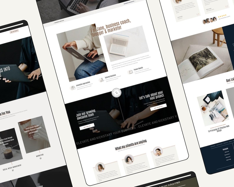 Op de afbeelding: Een website-layoutontwerp met meerdere secties met tekst en afbeeldingen. De hoofdkop luidt I'm Jane, business coach, blogger & marketer. De secties bevatten servicebeschrijvingen, een oproep voor een team en getuigenissen van klanten.
