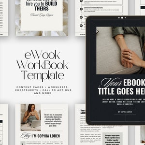 May include: A black and white digital ebook template with the title "Your Ebook Title Goes Here" and the text "Insert here a short description about your lovely ebook. Donec pulvinar finibus luctus. Nulla pharetra."  The template includes a checklist, a website checklist, and a section for testimonials.
