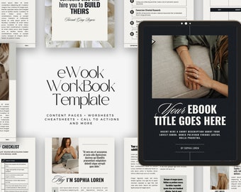 May include: A black and white digital ebook template with the title "Your Ebook Title Goes Here" and the text "Insert here a short description about your lovely ebook. Donec pulvinar finibus luctus. Nulla pharetra."  The template includes a checklist, a website checklist, and a section for testimonials.