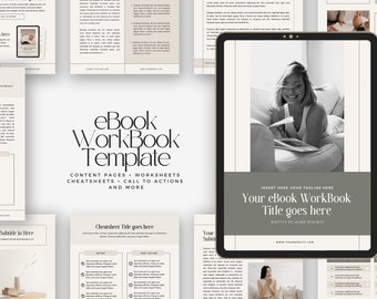 May include: A digital tablet mockup displaying a grey and white ebook workbook template with the text "eBook WorkBook Template" and "Your eBook WorkBook Title goes here". The template includes content pages, worksheets, cheatsheets, and calls to action. The tablet is on a white surface with other pages of the template visible in the background.