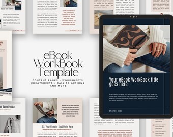 Op de afbeelding: Een eBook werkboek sjabloon met meerdere paginalay-outs met tekst, afbeeldingen en tijdelijke aanduidingen. Het ontwerp bevat een tabletscherm met een voorpagina met de tekst Your eBook WorkBook title goes here en By Author Name.