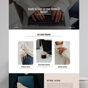 Op de afbeelding: Een digitaal ontwerp voor het Jane Pro Business WordPress-thema met een strakke witte interface, zwarte tekst, navigatiemenu's en secties voor branding, social media marketing, business coaching en een persoonlijke introductie.