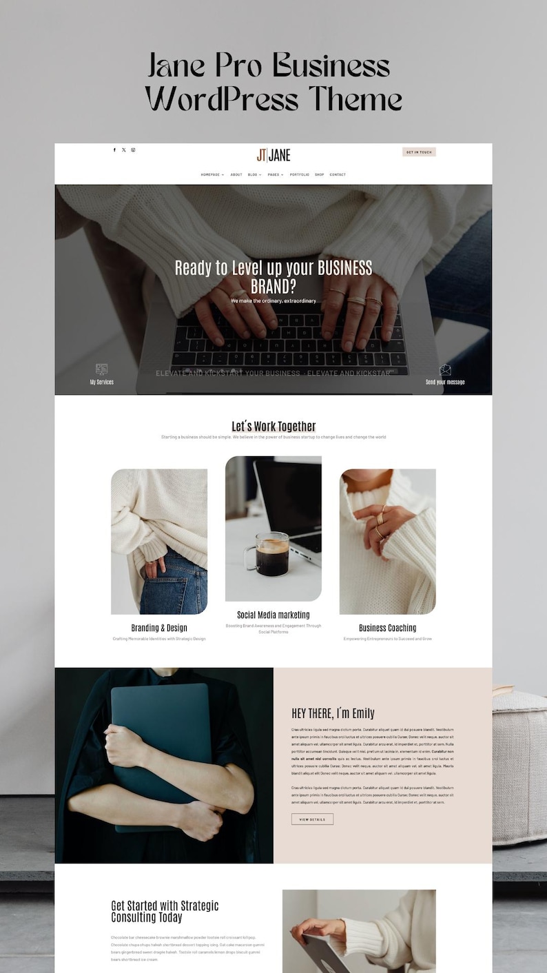 Op de afbeelding: Een digitaal ontwerp voor het Jane Pro Business WordPress-thema met een strakke witte interface, zwarte tekst, navigatiemenu's en secties voor branding, social media marketing, business coaching en een persoonlijke introductie.
