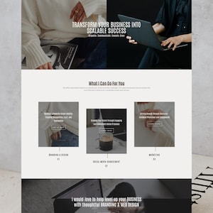 Op de afbeelding: Een website-indeling voor het Jane Pro Business WordPress-thema met een hero-sectie met de tekst Transform Your Business Into Scalable Success, een services-sectie met drie kolommen en een voettekst die Jane introduceert als business coach.