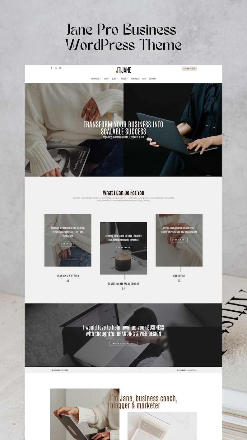 Op de afbeelding: Een website-indeling voor het Jane Pro Business WordPress-thema met een hero-sectie met de tekst Transform Your Business Into Scalable Success, een services-sectie met drie kolommen en een voettekst die Jane introduceert als business coach.
