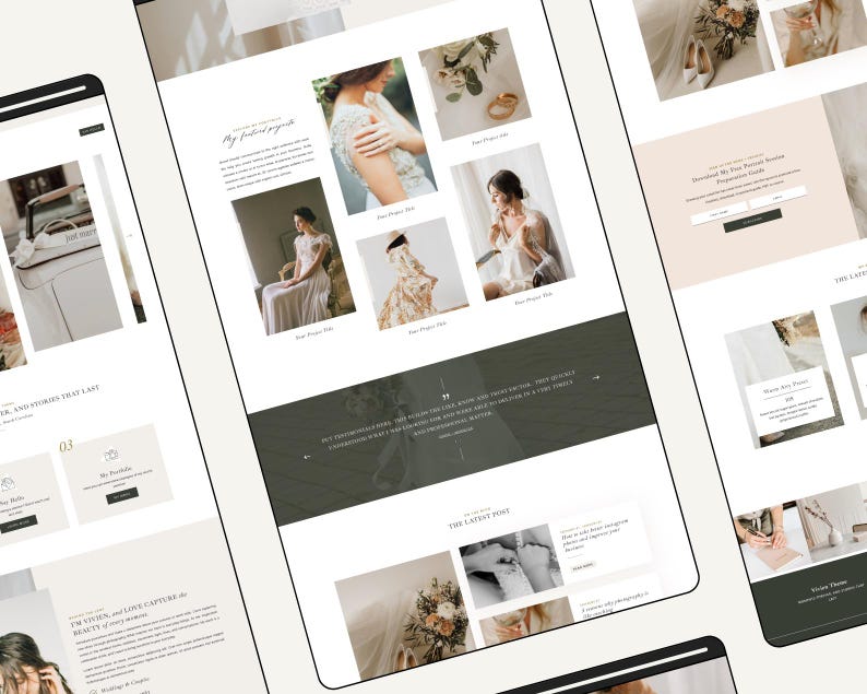 May include: A website for a wedding photographer showcasing images of brides in various wedding dresses. The website features a light brown background with a green banner and a section titled "The Latest Post".