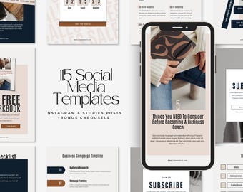 Op de afbeelding: Een verzameling van 115 social media sjablonen voor Instagram en stories, met diverse lay-outs met tekst, inclusief een smartphone die een bericht weergeeft met de titel Things You NEED To Consider Before Becoming A Business Coach.