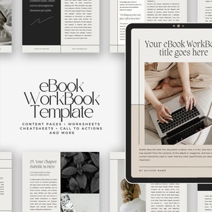 May include: A digital tablet displaying a template for an eBook workbook. The template features a beige background with black text and a call to action to add your eBook title. The text on the tablet reads "Your eBook WorkBook title goes here".