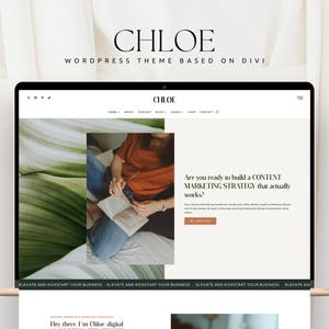 May include: A laptop screen displays a website design with the name "CHLOE" at the top. The website features a clean, modern layout with a photo of a person reading. Text on the screen reads "Are you ready to build a CONTENT MARKETING STRATEGY that actually works?"