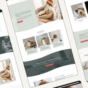 Op de afbeelding: Een website-homepage voor een wellnesscoach. De website heeft een groen en wit kleurenschema met bloemillustraties. De tekst op de website luidt: "Ik ben er om je te empoweren op je reis naar meer vreugde, balans en vrede." en "Klaar om een actieplan te maken voor je gezondheid?"