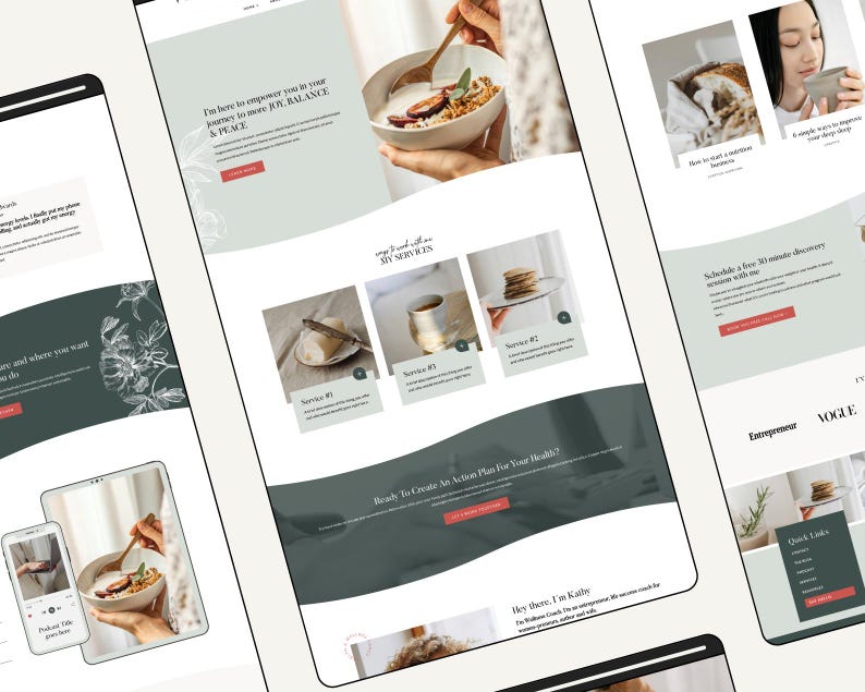 Op de afbeelding: Een website-homepage voor een wellnesscoach. De website heeft een groen en wit kleurenschema met bloemillustraties. De tekst op de website luidt: "Ik ben er om je te empoweren op je reis naar meer vreugde, balans en vrede." en "Klaar om een actieplan te maken voor je gezondheid?"