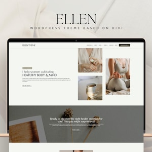Può includere: Uno screenshot di un sito web che mostra uno sfondo grigio chiaro con una casella di testo bianca che dice "Aiuto le donne a coltivare un CORPO E UNA MENTE SANI". Il sito web è per un coach di benessere di nome Ellen. Il sito web è costruito con il tema WordPress Divi.