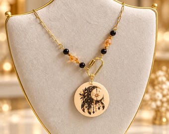 Celestial Moon Necklace, Boho Crescent Moon Pendant, Black and Gold Beaded Necklace, Mystical Jewelry, Witchy Gift for Her